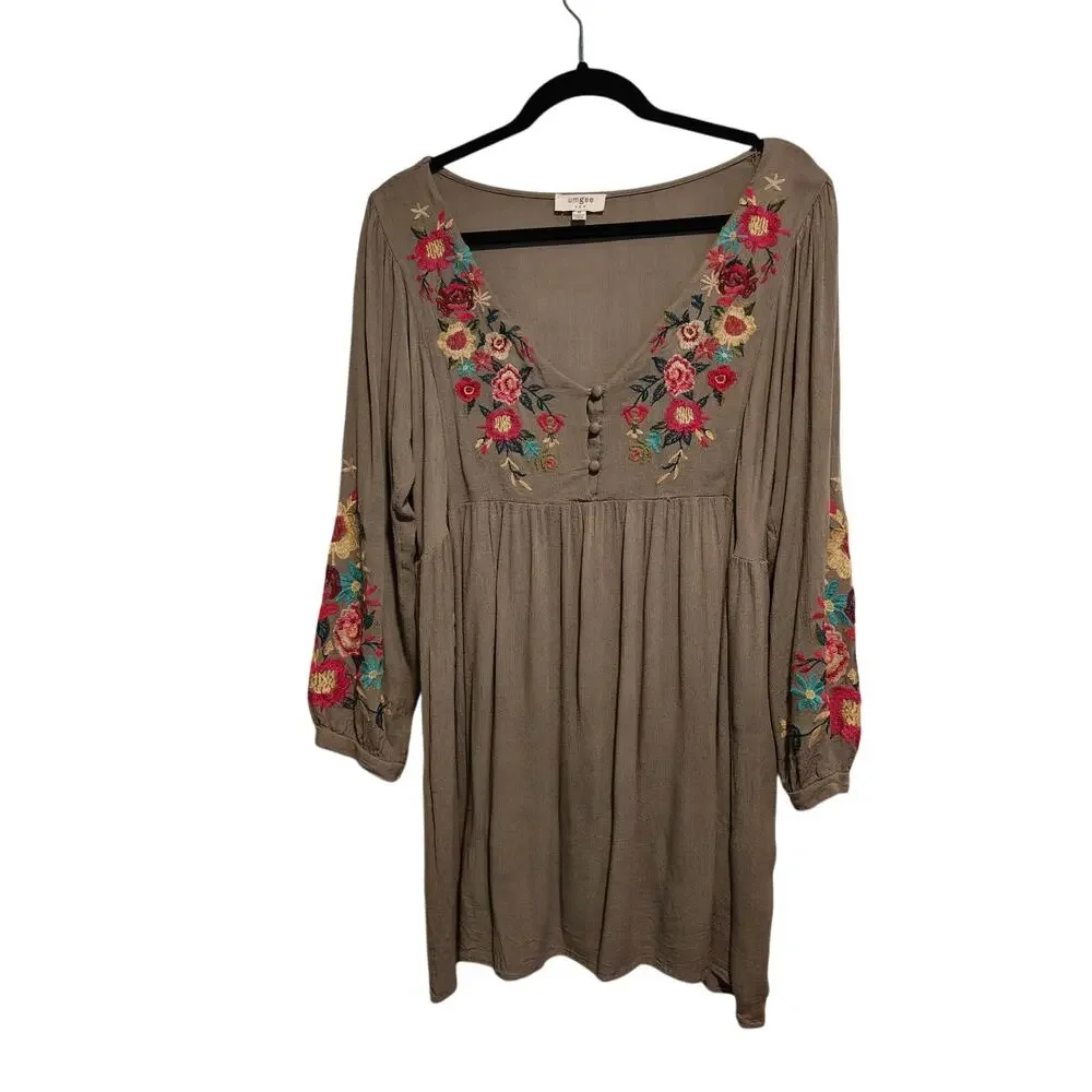 Umgee Wms M Green Embroidered VNeck Tunic Boho Western Prairie Festival Rodeo